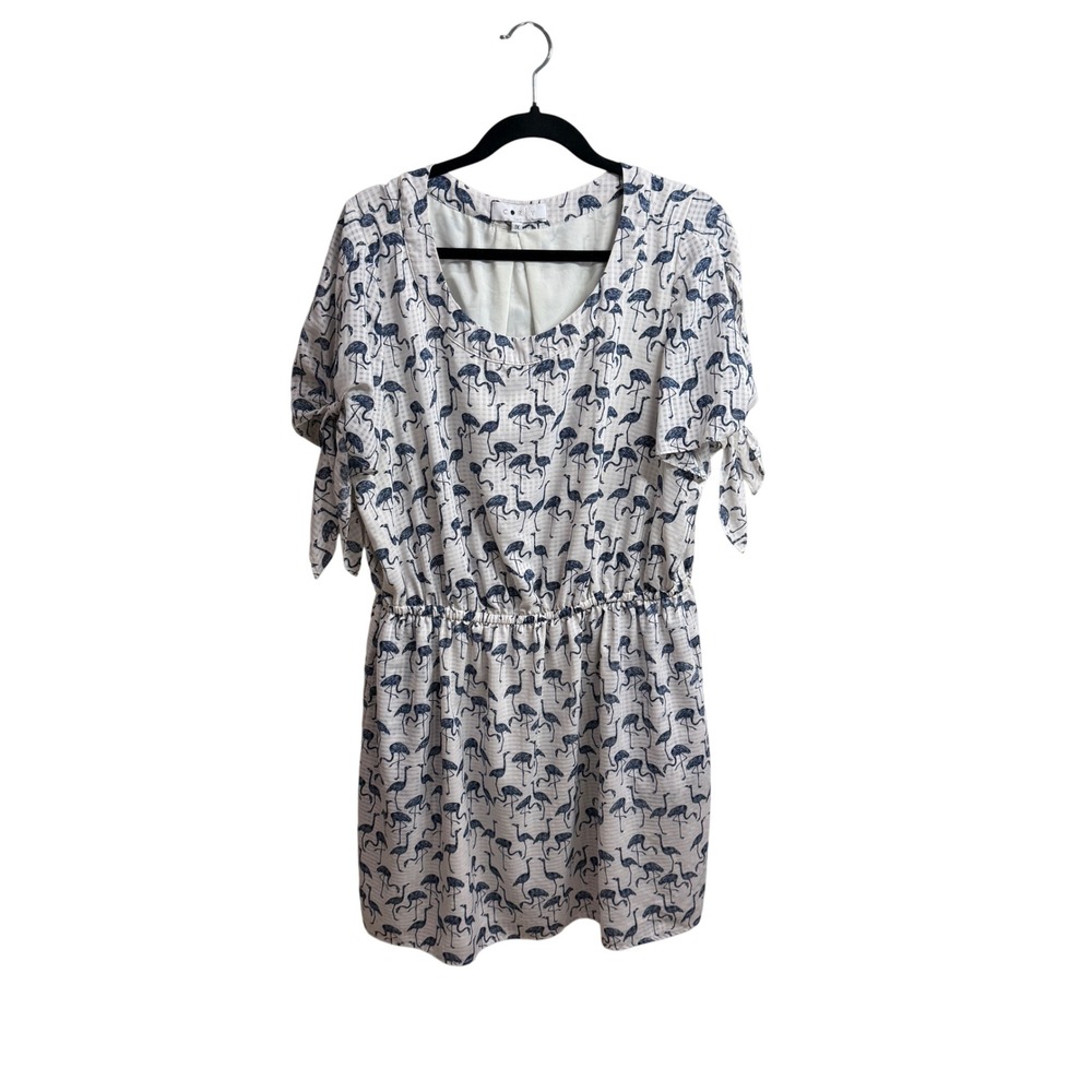 CRLY Women's 1X White Blue Flamingo Print Elastic Waist Tie Sleeve Dress Coastal